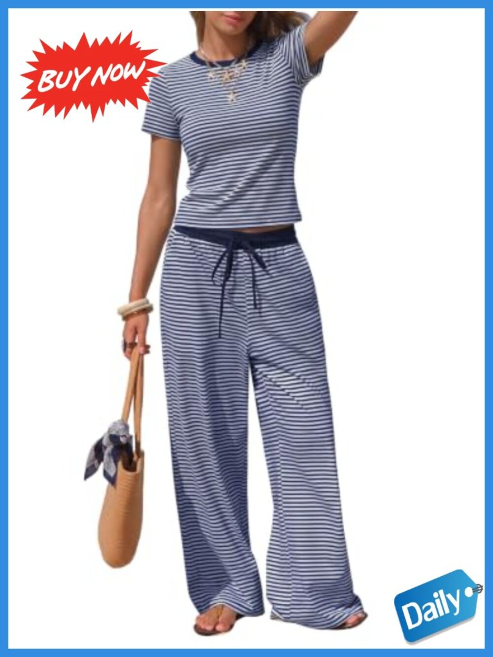 Women 95% Cotton Striped 2 Piece Wide Leg Lounge Set Short Sleeve